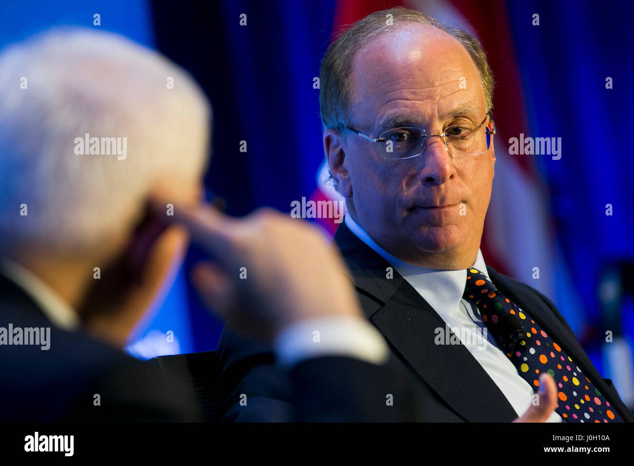 Washington, DC, USA. 12th Apr, 2017. Laurence 'Larry' Fink, Chairman and Chief Executive Officer of BlackRock, Inc., speaks during an Economic Club of Washington event in Washington, DC, on April 12, 2017. Credit: Kristoffer Tripplaar/Alamy Live News Stock Photo