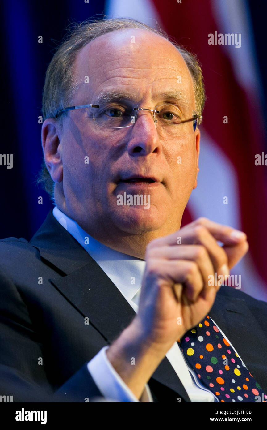 Washington, DC, USA. 12th Apr, 2017. Laurence 'Larry' Fink, Chairman and Chief Executive Officer of BlackRock, Inc., speaks during an Economic Club of Washington event in Washington, DC, on April 12, 2017. Credit: Kristoffer Tripplaar/Alamy Live News Stock Photo