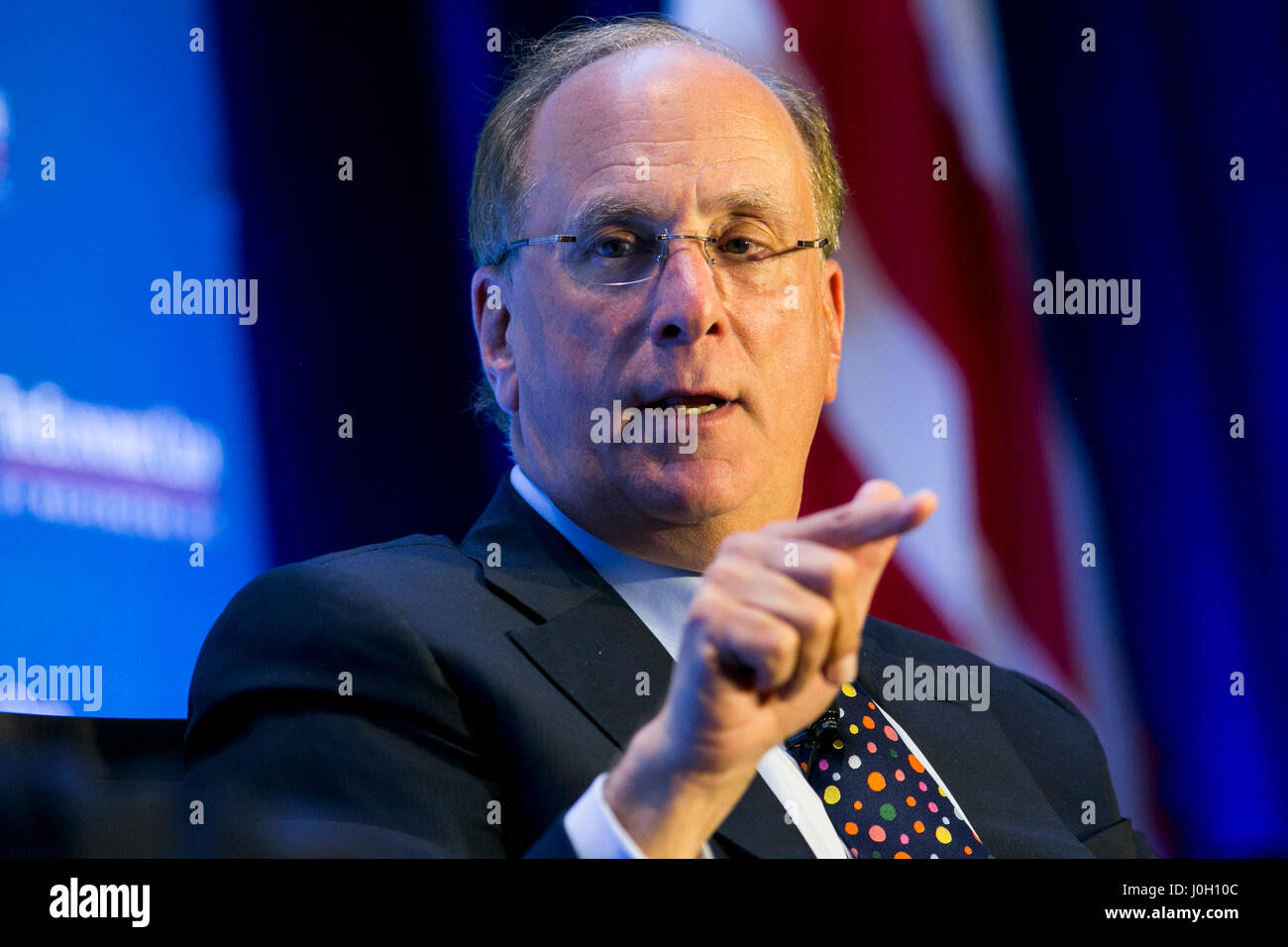 Washington, DC, USA. 12th Apr, 2017. Laurence 'Larry' Fink, Chairman and Chief Executive Officer of BlackRock, Inc., speaks during an Economic Club of Washington event in Washington, DC, on April 12, 2017. Credit: Kristoffer Tripplaar/Alamy Live News Stock Photo