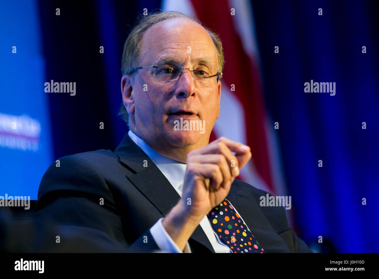 Washington, DC, USA. 12th Apr, 2017. Laurence 'Larry' Fink, Chairman and Chief Executive Officer of BlackRock, Inc., speaks during an Economic Club of Washington event in Washington, DC, on April 12, 2017. Credit: Kristoffer Tripplaar/Alamy Live News Stock Photo