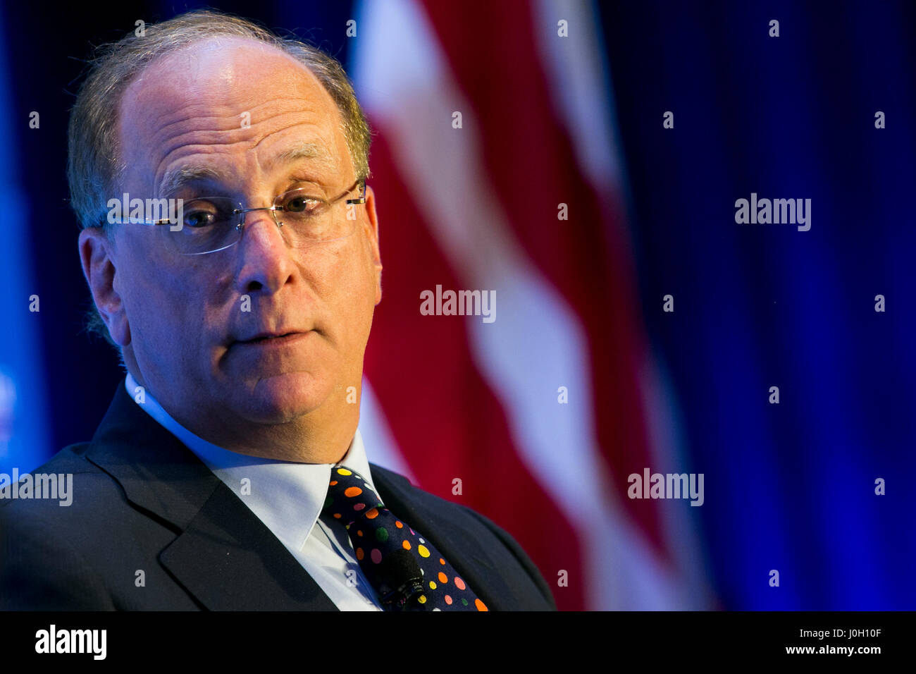 Washington, DC, USA. 12th Apr, 2017. Laurence 'Larry' Fink, Chairman and Chief Executive Officer of BlackRock, Inc., speaks during an Economic Club of Washington event in Washington, DC, on April 12, 2017. Credit: Kristoffer Tripplaar/Alamy Live News Stock Photo