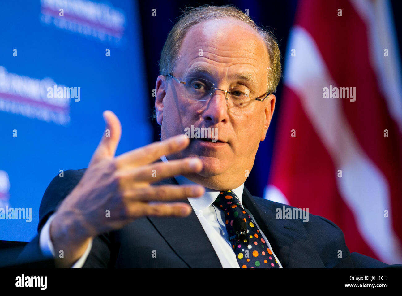 Washington, DC, USA. 12th Apr, 2017. Laurence 'Larry' Fink, Chairman and Chief Executive Officer of BlackRock, Inc., speaks during an Economic Club of Washington event in Washington, DC, on April 12, 2017. Credit: Kristoffer Tripplaar/Alamy Live News Stock Photo