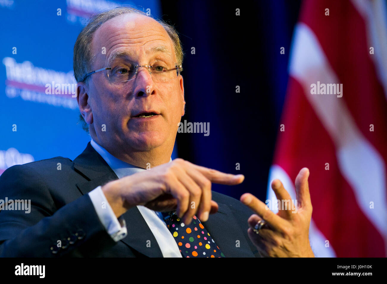 Washington, DC, USA. 12th Apr, 2017. Laurence 'Larry' Fink, Chairman and Chief Executive Officer of BlackRock, Inc., speaks during an Economic Club of Washington event in Washington, DC, on April 12, 2017. Credit: Kristoffer Tripplaar/Alamy Live News Stock Photo