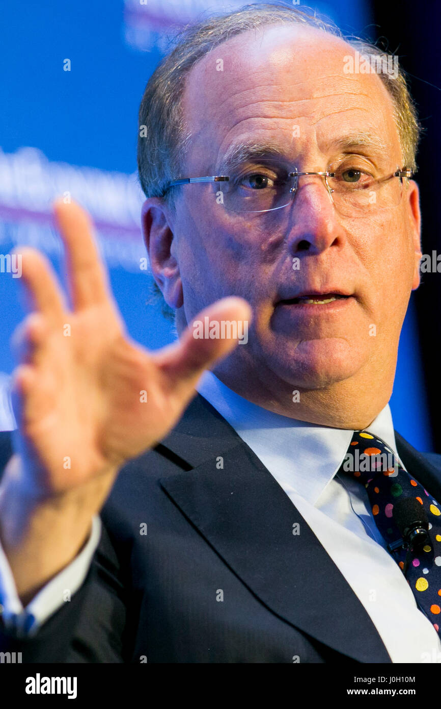 Washington, DC, USA. 12th Apr, 2017. Laurence 'Larry' Fink, Chairman and Chief Executive Officer of BlackRock, Inc., speaks during an Economic Club of Washington event in Washington, DC, on April 12, 2017. Credit: Kristoffer Tripplaar/Alamy Live News Stock Photo