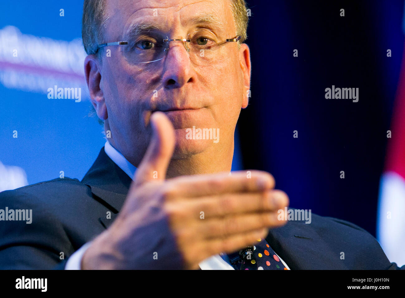 Washington, DC, USA. 12th Apr, 2017. Laurence 'Larry' Fink, Chairman and Chief Executive Officer of BlackRock, Inc., speaks during an Economic Club of Washington event in Washington, DC, on April 12, 2017. Credit: Kristoffer Tripplaar/Alamy Live News Stock Photo