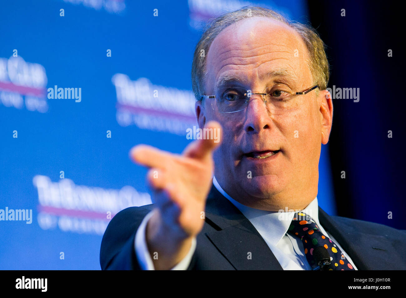 Washington, DC, USA. 12th Apr, 2017. Laurence 'Larry' Fink, Chairman and Chief Executive Officer of BlackRock, Inc., speaks during an Economic Club of Washington event in Washington, DC, on April 12, 2017. Credit: Kristoffer Tripplaar/Alamy Live News Stock Photo