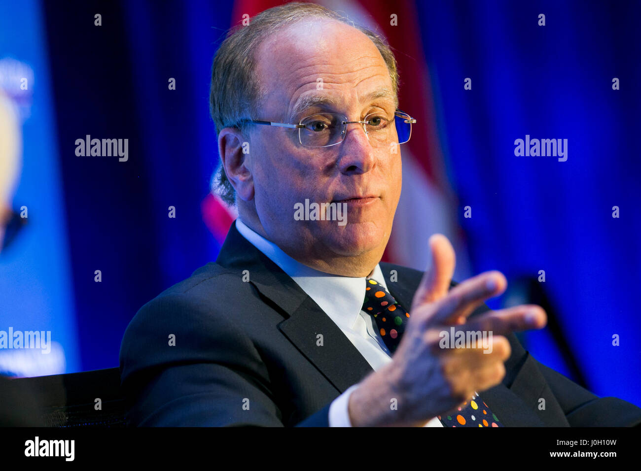 Washington, DC, USA. 12th Apr, 2017. Laurence 'Larry' Fink, Chairman and Chief Executive Officer of BlackRock, Inc., speaks during an Economic Club of Washington event in Washington, DC, on April 12, 2017. Credit: Kristoffer Tripplaar/Alamy Live News Stock Photo