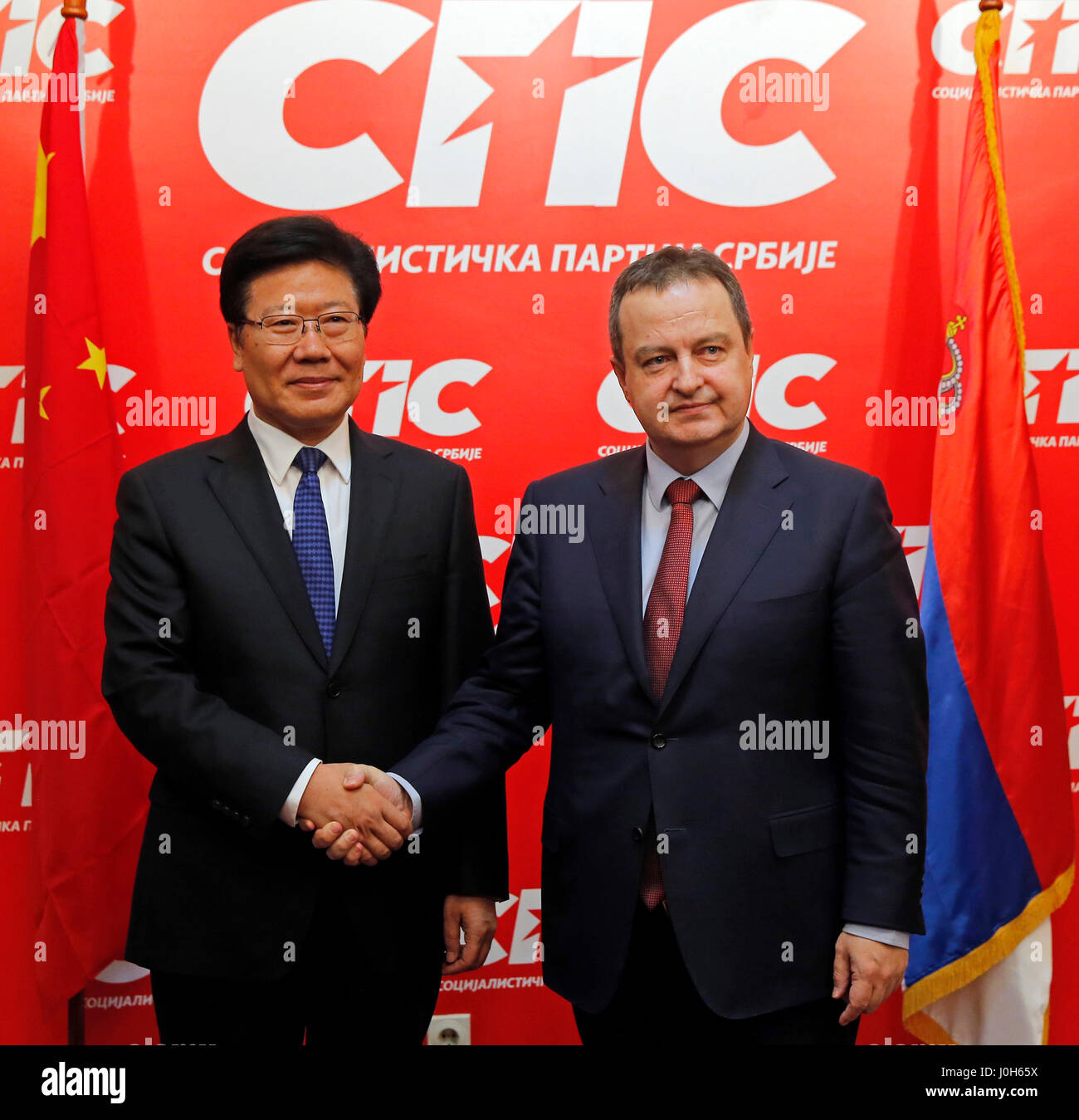 Belgrade, Serbia. 13th Apr, 2017. Zhang Chunxian (L), member of the Political Bureau of the Communist Party of China (CPC) Central Committee, meets with Serbian Foreign Minister and the leader of the Socialist Party Ivica Dacic, in Belgrade, Serbia, on April 13, 2017. Credit: Predrag Milosavljevic/Xinhua/Alamy Live News Stock Photo