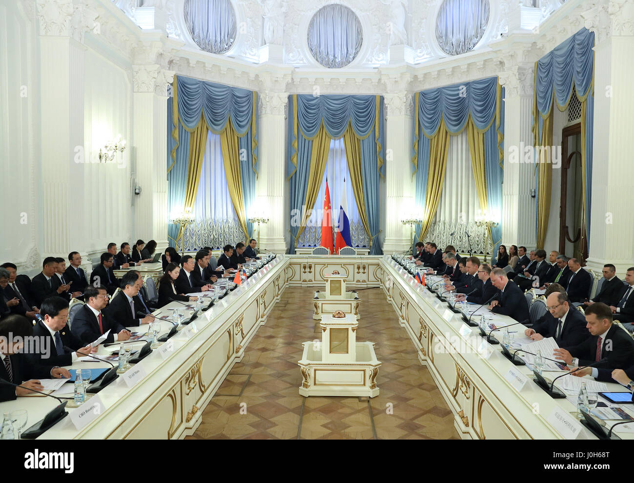 Moscow, Russia. 12th Apr, 2017. Chinese Vice Premier Zhang Gaoli and Russian First Deputy Prime Minister Igor Shuvalov co-chair the fourth meeting of the China-Russia Investment Cooperation Committee in Moscow, Russia, April 12, 2017. Credit: Wang Ye/Xinhua/Alamy Live News Stock Photo