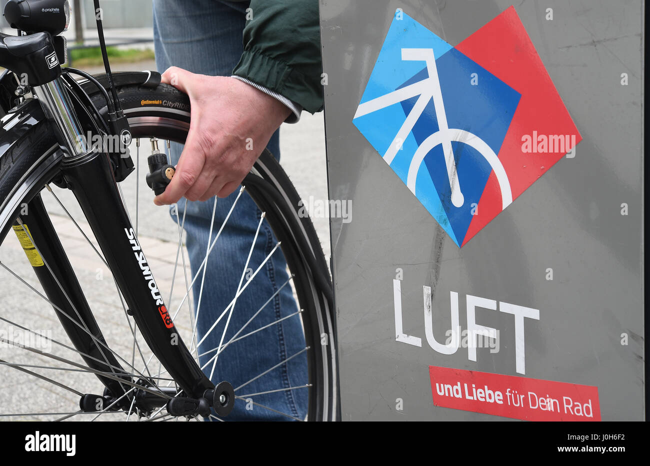 A bike pump 'station' at which cyclists can pump up their tyres for