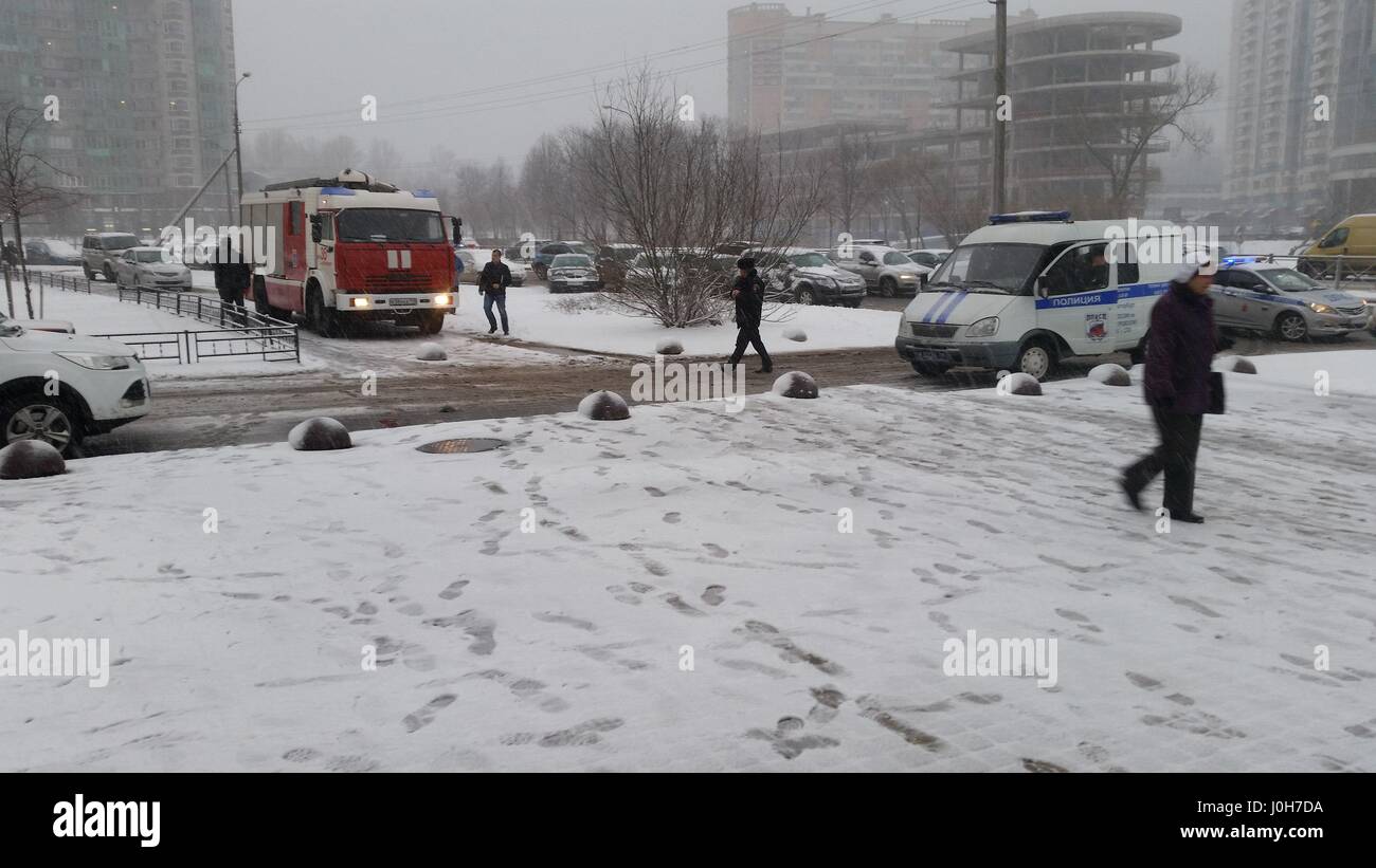 St. Petersburg. 13th Apr, 2017. Photo taken on April 13, 2017 and released by VK.com shows the site of an explosion near the local Chernyshevsky library in St. Petersburg, Russia. The explosion of an unknown device has injured a teenager in St. Petersburg on Thursday. Local media reported that a 17-year-old man picked an unknown device near the local Chernyshevsky library and tried to disassemble it. Credit: Xinhua/Alamy Live News Stock Photo