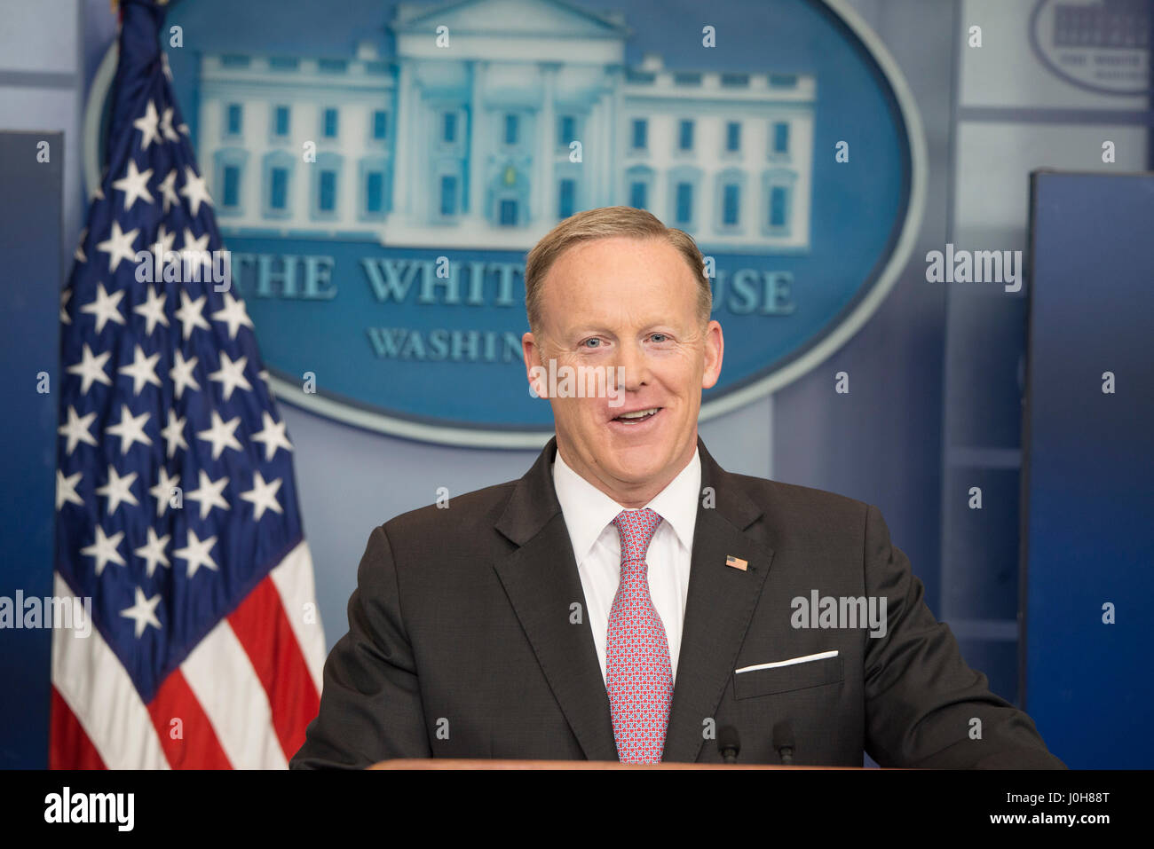 Washington DC, USA. 13th Apr, 2017.  Sean Spicer, the White House Press Secretary provides the White House Press with updated information about the latest military action and President Trump's travel plans for Florida. Credit: Patsy Lynch/Alamy Live News Stock Photo
