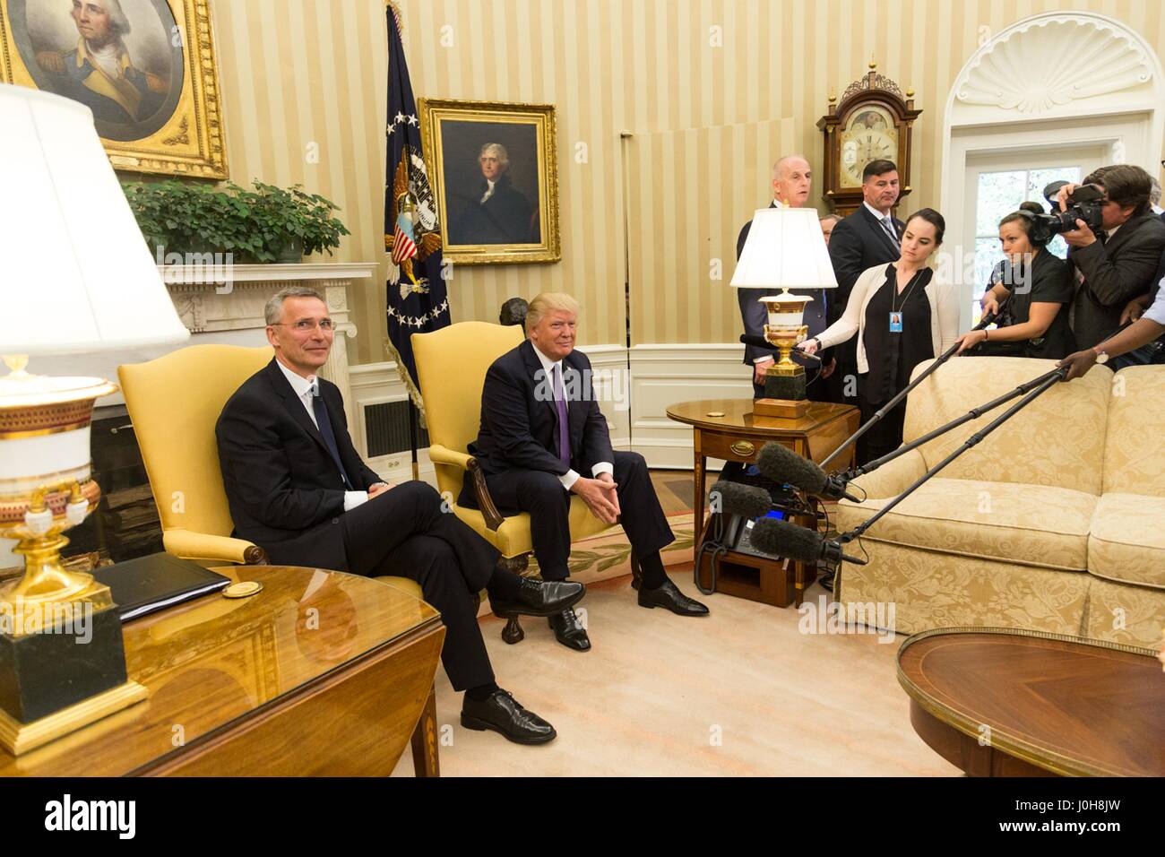 U.S President Donald Trump and NATO Secretary General Jens Stoltenberg prior to their bilateral meeting in the Oval Office of the White House April 12, 2017 in Washington, DC. Stock Photo