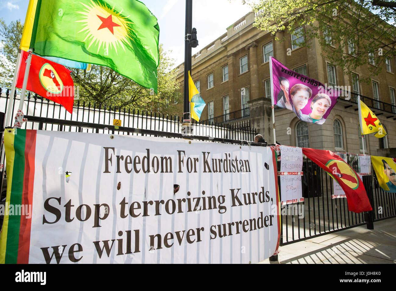 London, UK. 13th April, 2017. Representatives of Kurdish community organisations in the UK have been on hunger strike opposite Downing Street since 12.00 noon on 11th April to highlight the critical stage of a hunger strike by over a hundred Kurdish prisoners in nine prisons acrpss Turkey, with some prisoners entering their 57th day of the hunger strike today. The hunger strikers are demanding improvements in the prison conditions of political prisoners and an end to the detention of PKK leader Abdullah Öcalan and repression of Kurds. Stock Photo