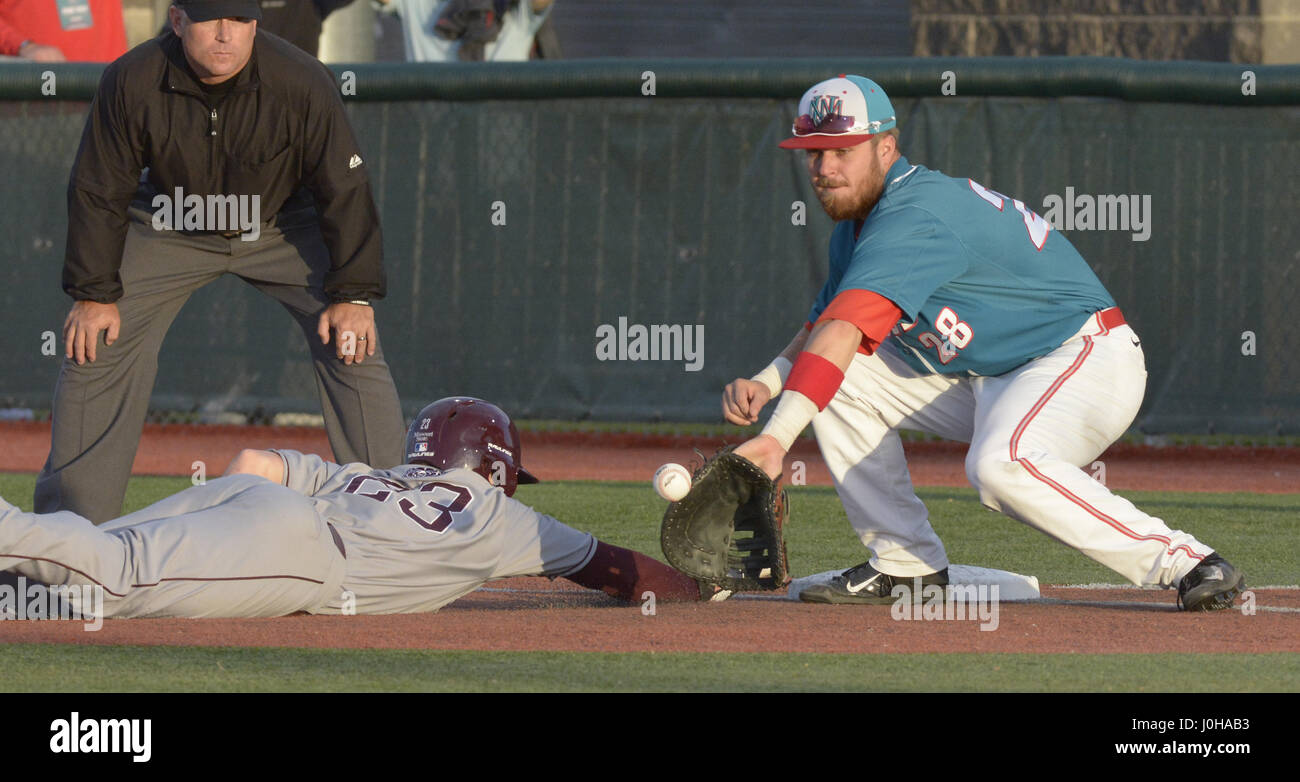 Usa. 13th Apr, 2017. SPORTS -- UNM first baseman Jack Zoellner catches the throw from the pitcher but the tag on Missouri State's Jack Duffy is late in the second inning of the game at the Santa Ana Star Field on Thursday, April 13, 2017. Credit: Greg Sorber/Albuquerque Journal/ZUMA Wire/Alamy Live News Stock Photo