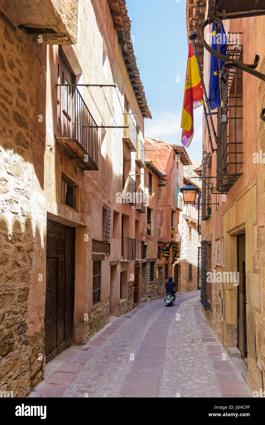 Narrow medieval streets with balconied houses wind through the Medieval Town of Albarracin, Teruel, Aragon, Spain Stock Photo