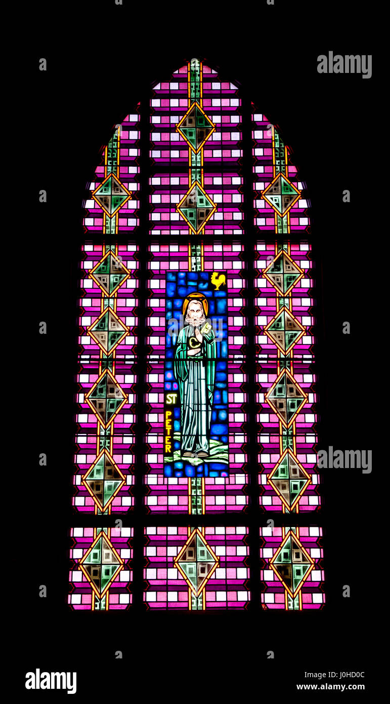 Stained glass church window of apostle St. Peter, 2016. Stock Photo