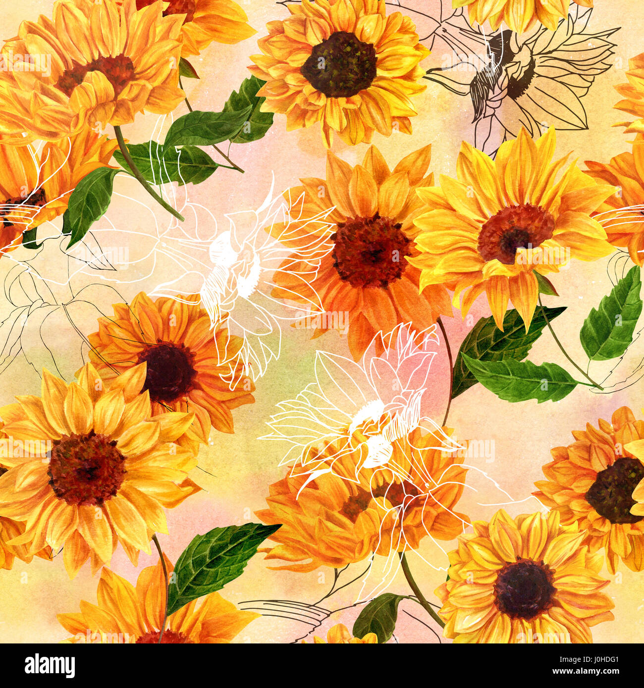 Seamless pattern with hand drawn watercolor sunflowers Stock Photo - Alamy