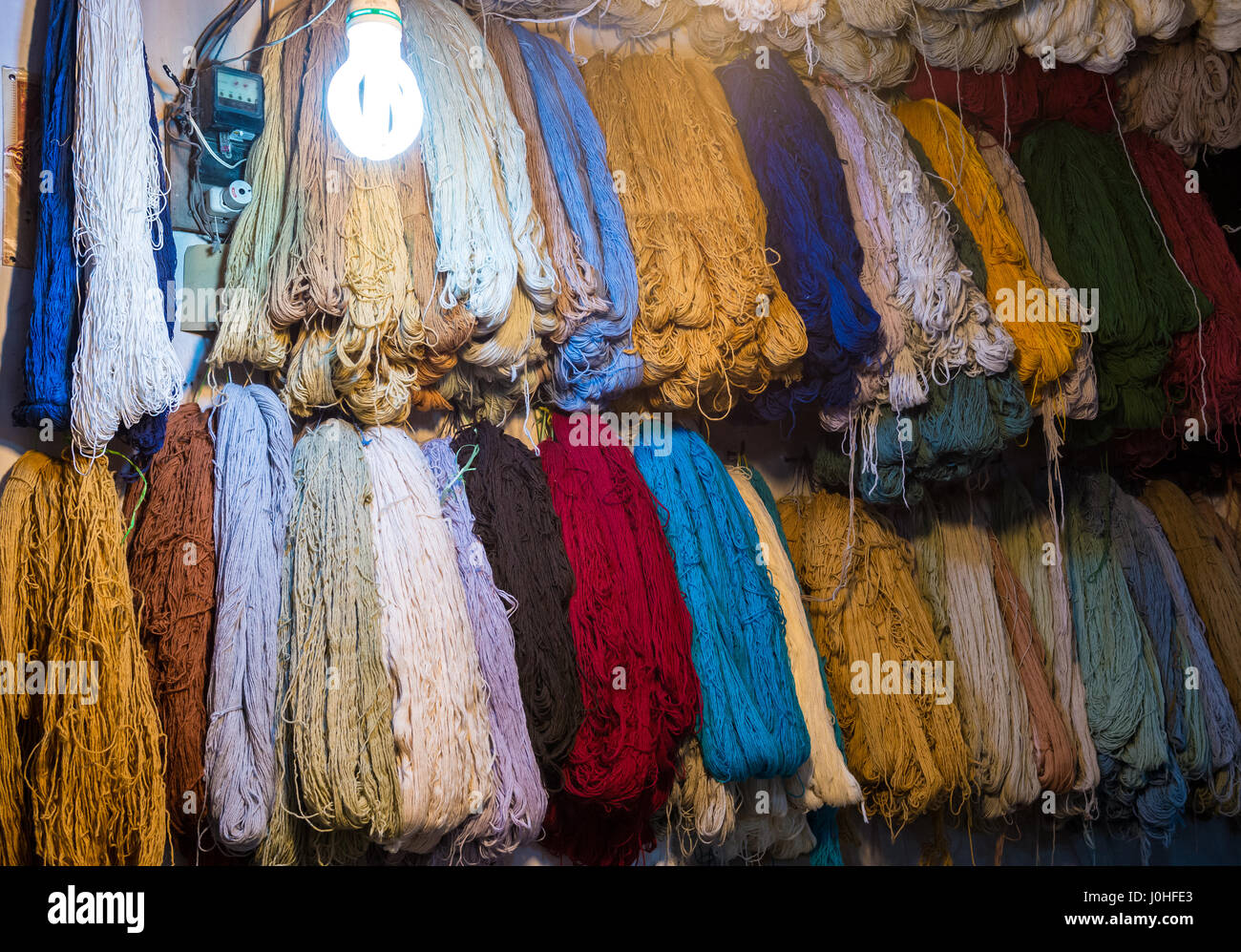 Dyed wool for carpets on the old Bazaar of Kashan city, capital of