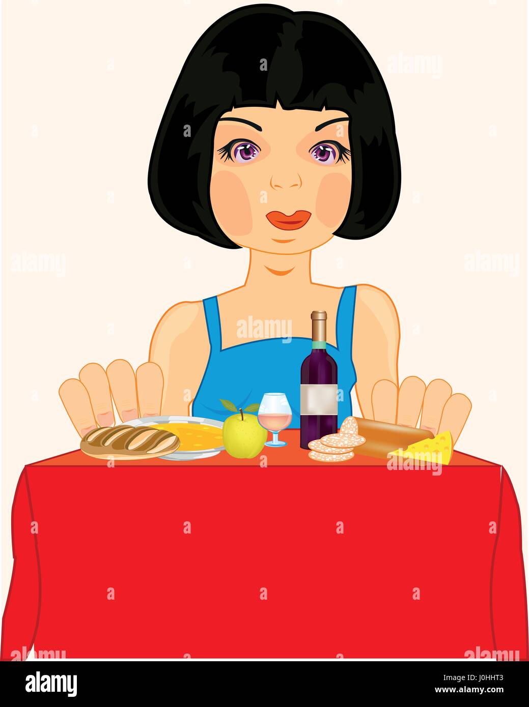 Making look younger beautiful girl brunette with meal and drink at the table Stock Vector