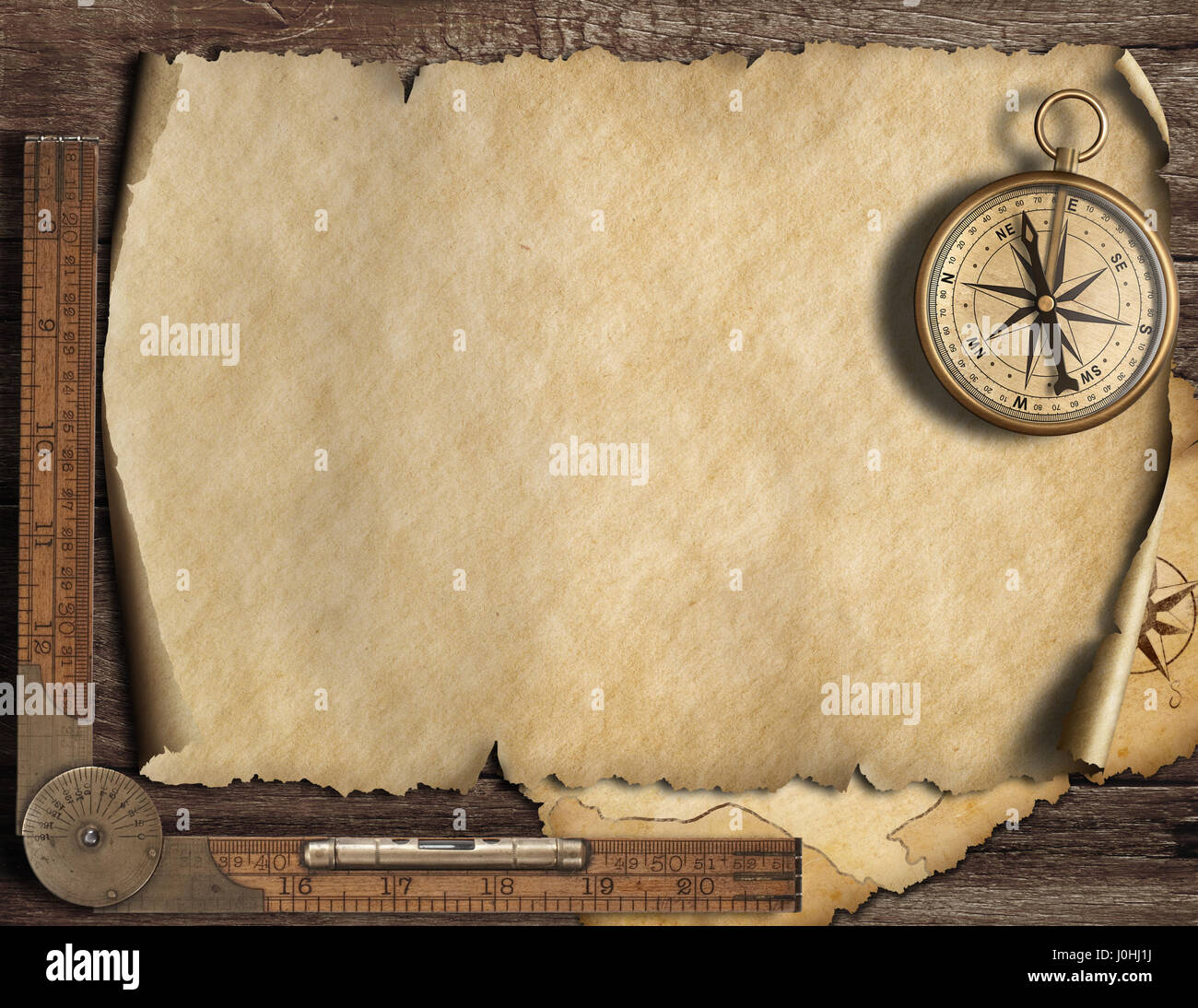 Old blank map background with compass. Adventure and travel concept. 3d illustration. Stock Photo