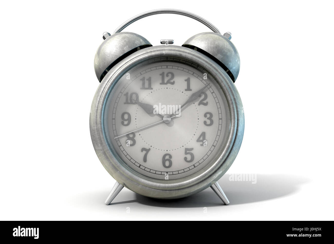 An old worn  metal vintage desk clock on an isolated white studio background - 3D Render Stock Photo