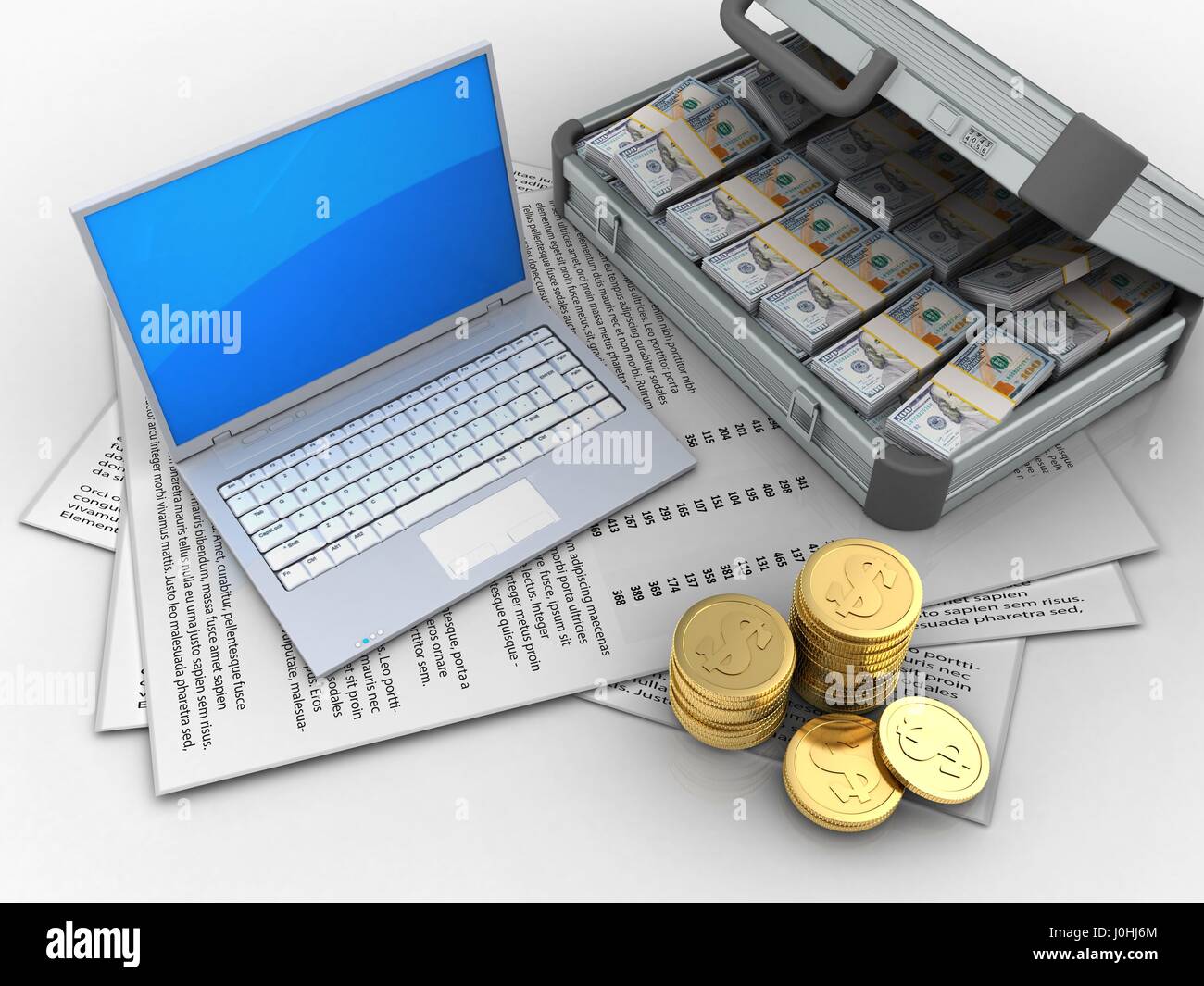 3d illustration of papers and computer over white background with case ...