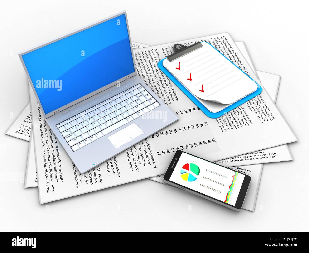 3d illustration of papers and computer over white background with