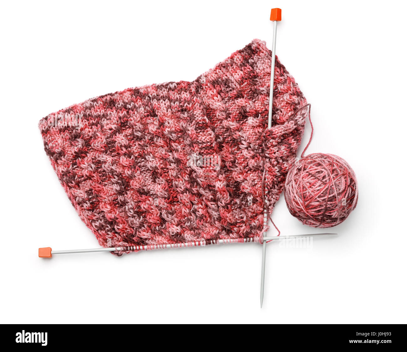 Top view of knitting with needles and yarn ball isolated on white Stock Photo