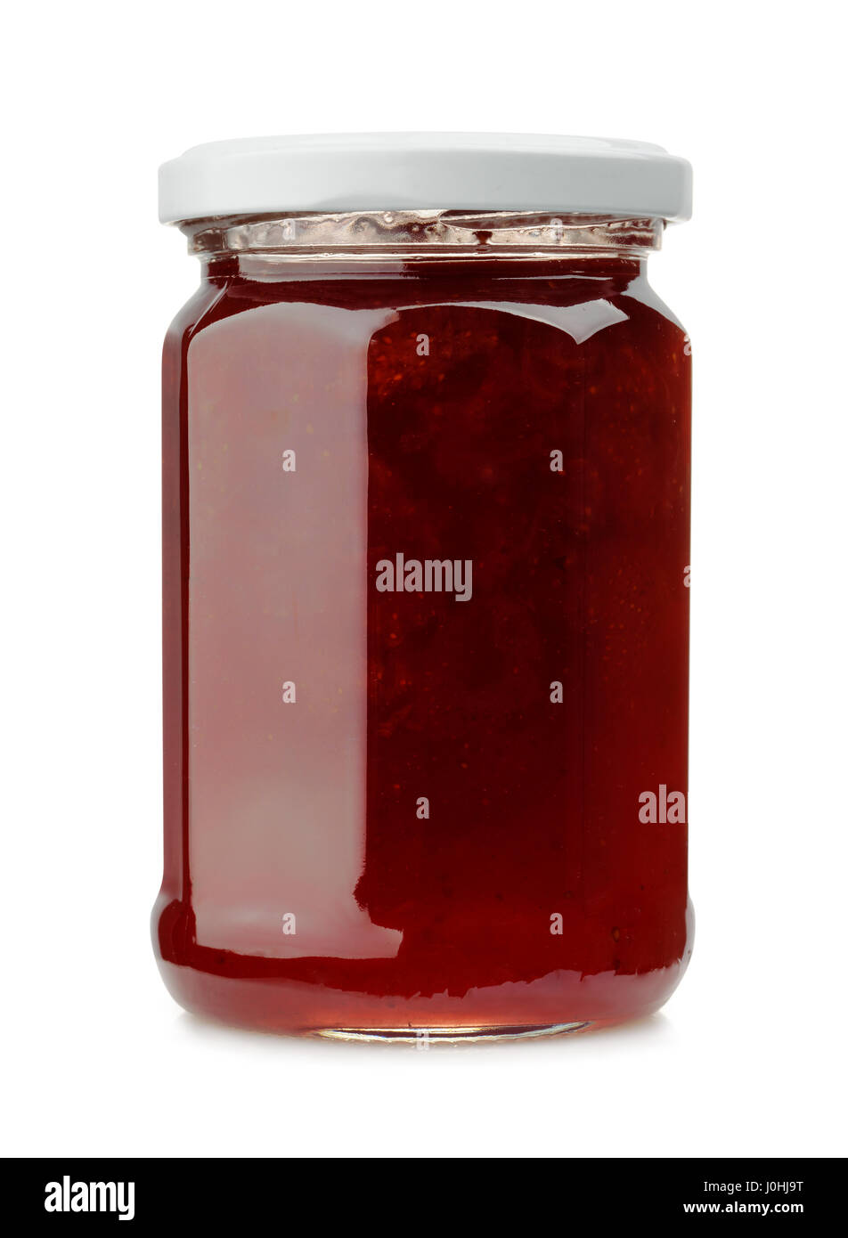 Front view of strawberry jam jar isolated on white Stock Photo