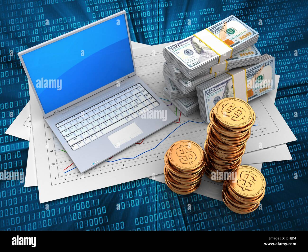 3d illustration of diagram papers and computer over digital background ...