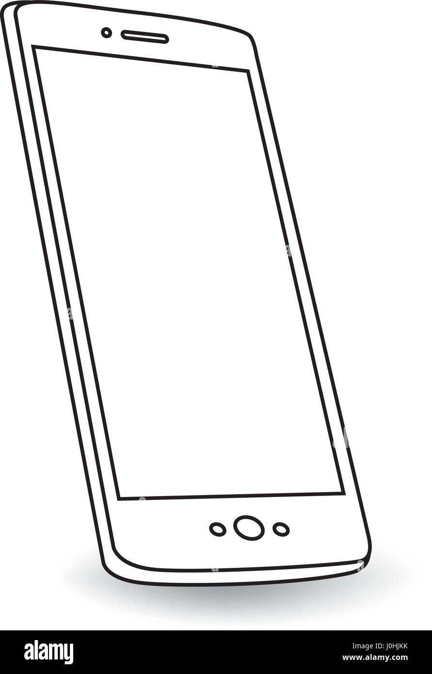 Angled smart phone black and white with shadow and perspective Stock