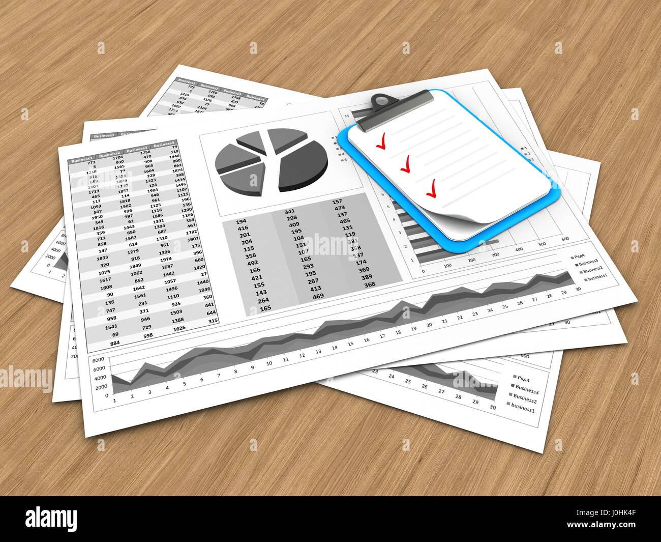 3d illustration of business charts and clipboard over wood background ...