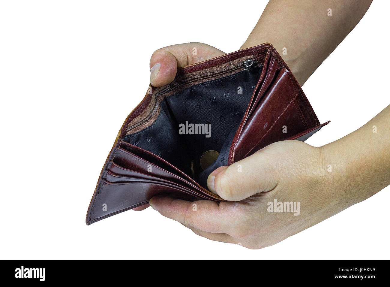 empty purse in his hands,crisis of unemployment and poverty. Stock Photo