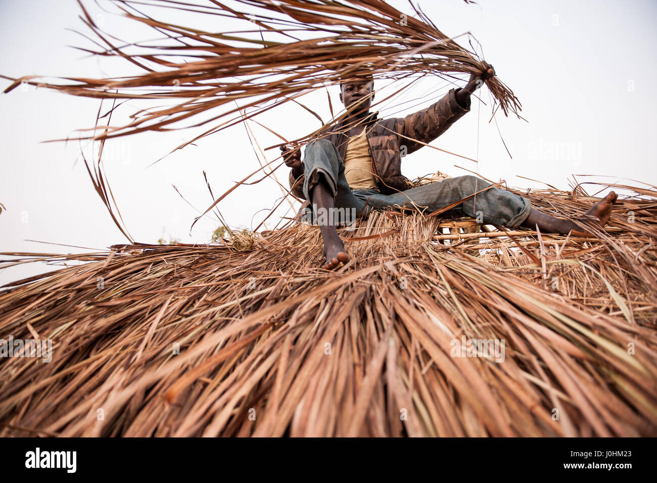 Thatching a traditional mud and straw dwelling in Dungu, Haut-Uele Province, Democratic Republic of Congo (DRC) Stock Photo