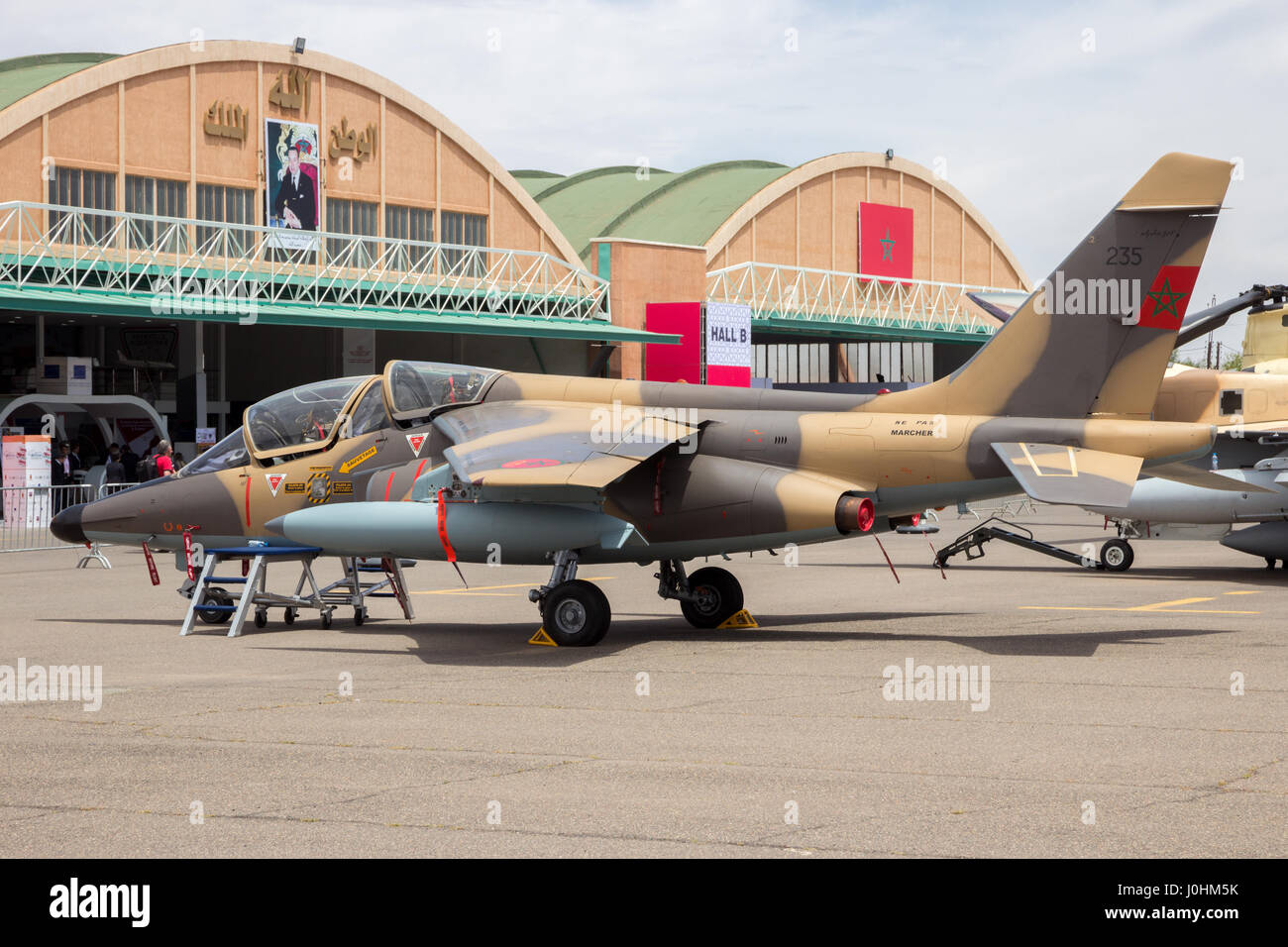MARRAKECH, MOROCCO - APR 28, 2016: Royal Moroccan Air Force Dassault Alpha Jet fighter jet on display at the Marrakech Air Show Stock Photo