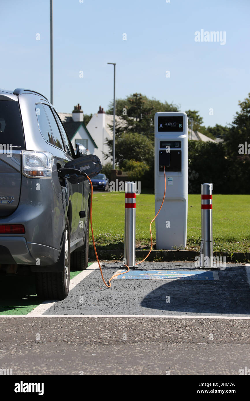 Electric Vehicle Charging Point Prestwick, Ayrshire, Scotland, UK, showing chargeing unit