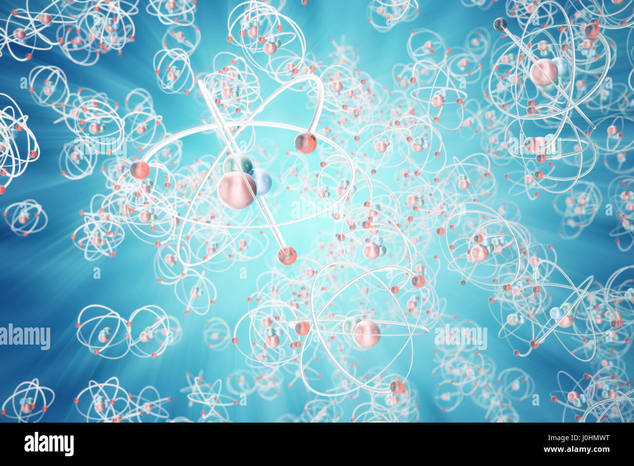 Atom background, shining nuclear model atoms and electrons. Physics  concept. 3d rendering Stock Photo - Alamy