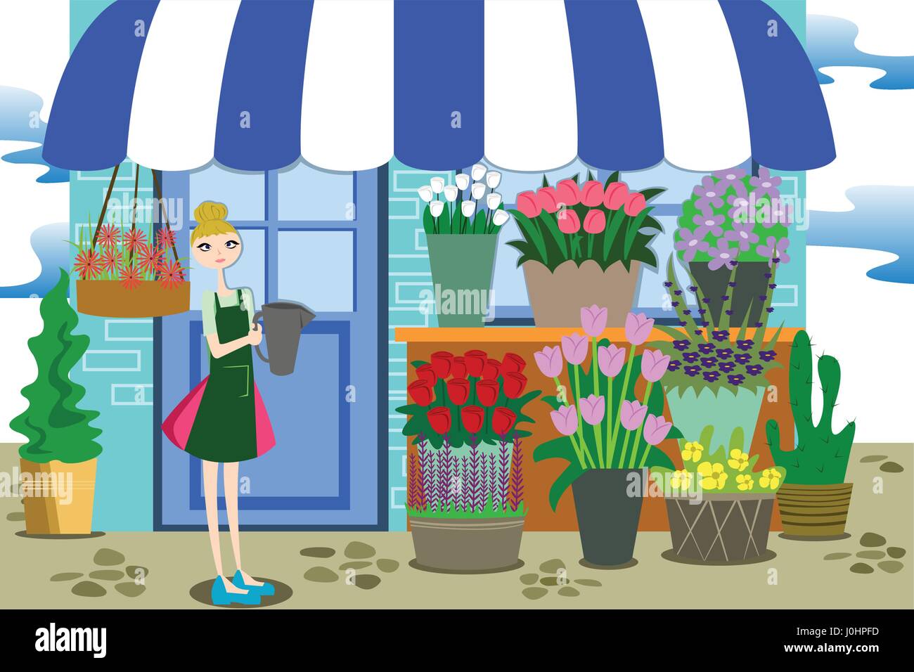 A vector illustration of beautiful florist working with bunch of different flowers in the flower shop Stock Vector