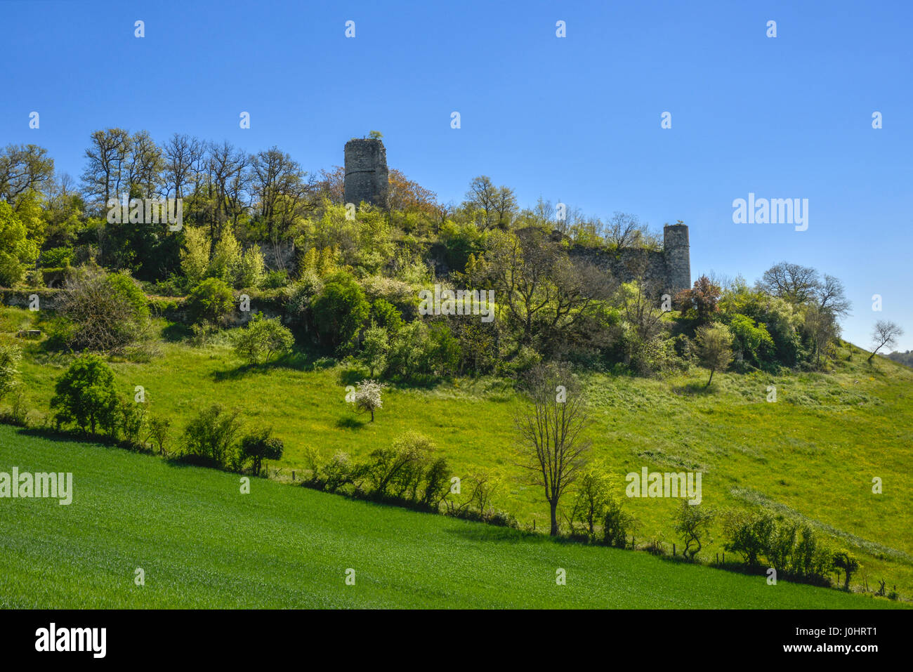 The overgrown ruins of Castle Combefa, near Monesties, Occitanie, France. Stock Photo