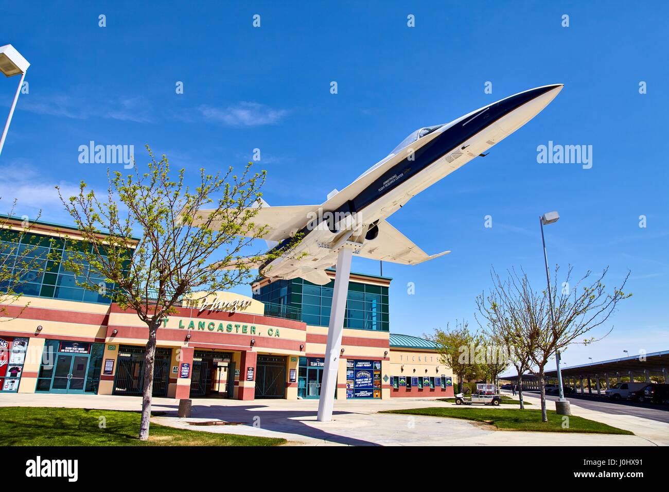 JetHawks, Lancaster, California, USA - April 5, 2017 :JetHawks, Lancaster, California, USA. The NASA F18 aircraft on the pedestal near the Lancaster JetHawks California Stock Photo