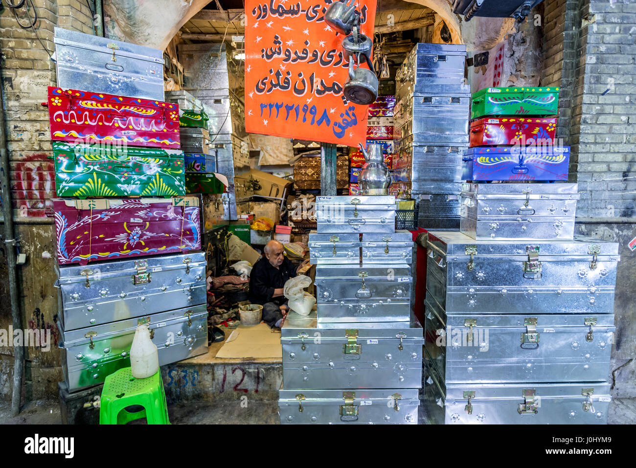 Metal boxes for sale on Hagi Bazar next to Shah Cheragh Mosque in