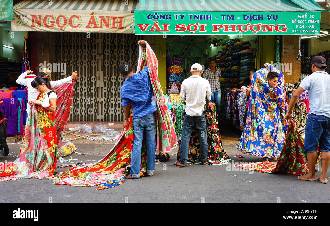 HO CHI MINH CITY, VIET NAM, Asia fabric market, colorful roll of cloth