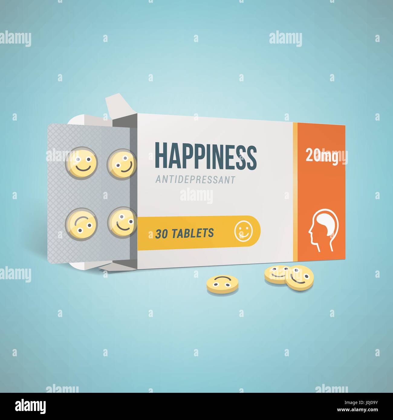 Antidepressants open drug box with smiley pills, depression and health concept Stock Vector