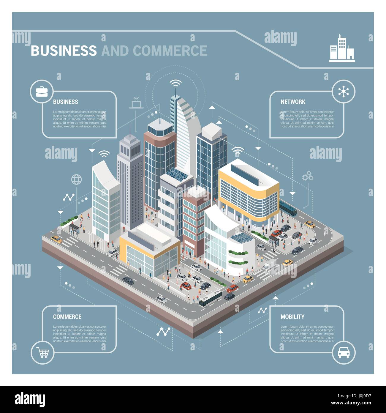 Isometric vector city with skyscrapers, people, streets and vehicles, commercial and business area infographic with icons Stock Vector