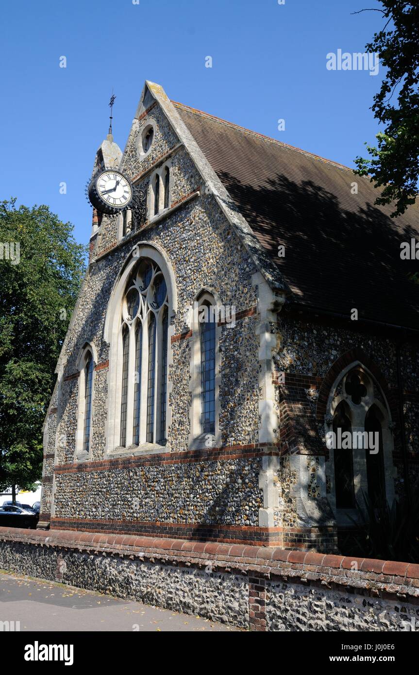 Holy Trinity Church, Stevenage, Hertfordshire, was built of flint and brick in 1861 in an area which once included a pond. Stock Photo