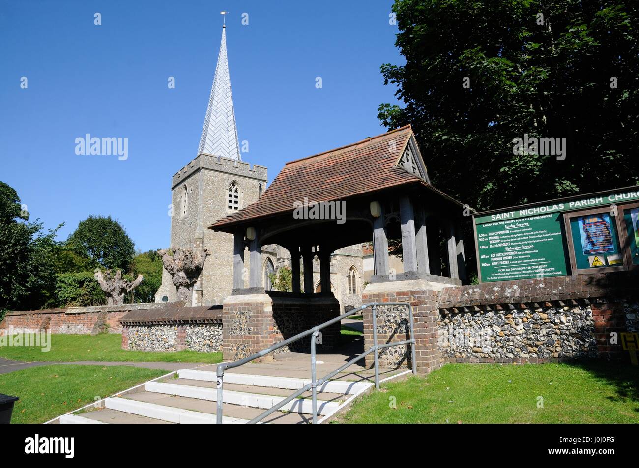 St Nicholas Church, Stevenage, Hertfordshire, dates to the twelfth century with alterations in the fourteenth century. It has a low tower with a spire Stock Photo