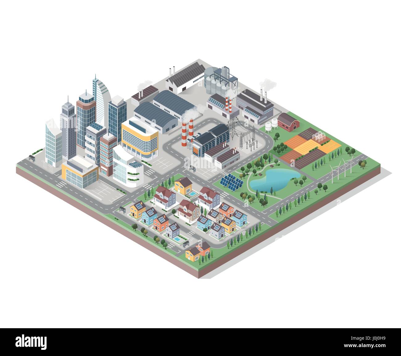 Vector isometric contemporary green city with buildings, streets and plants: commercial area, residential district, industrial park, farm and natural  Stock Vector