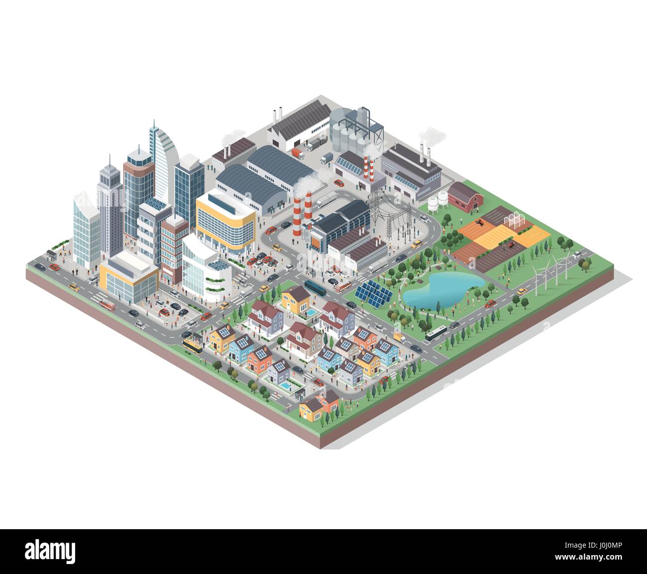 Vector isometric contemporary eco city with buildings, streets, people and vehicles: commercial area, residential district, industrial park, farm and  Stock Vector