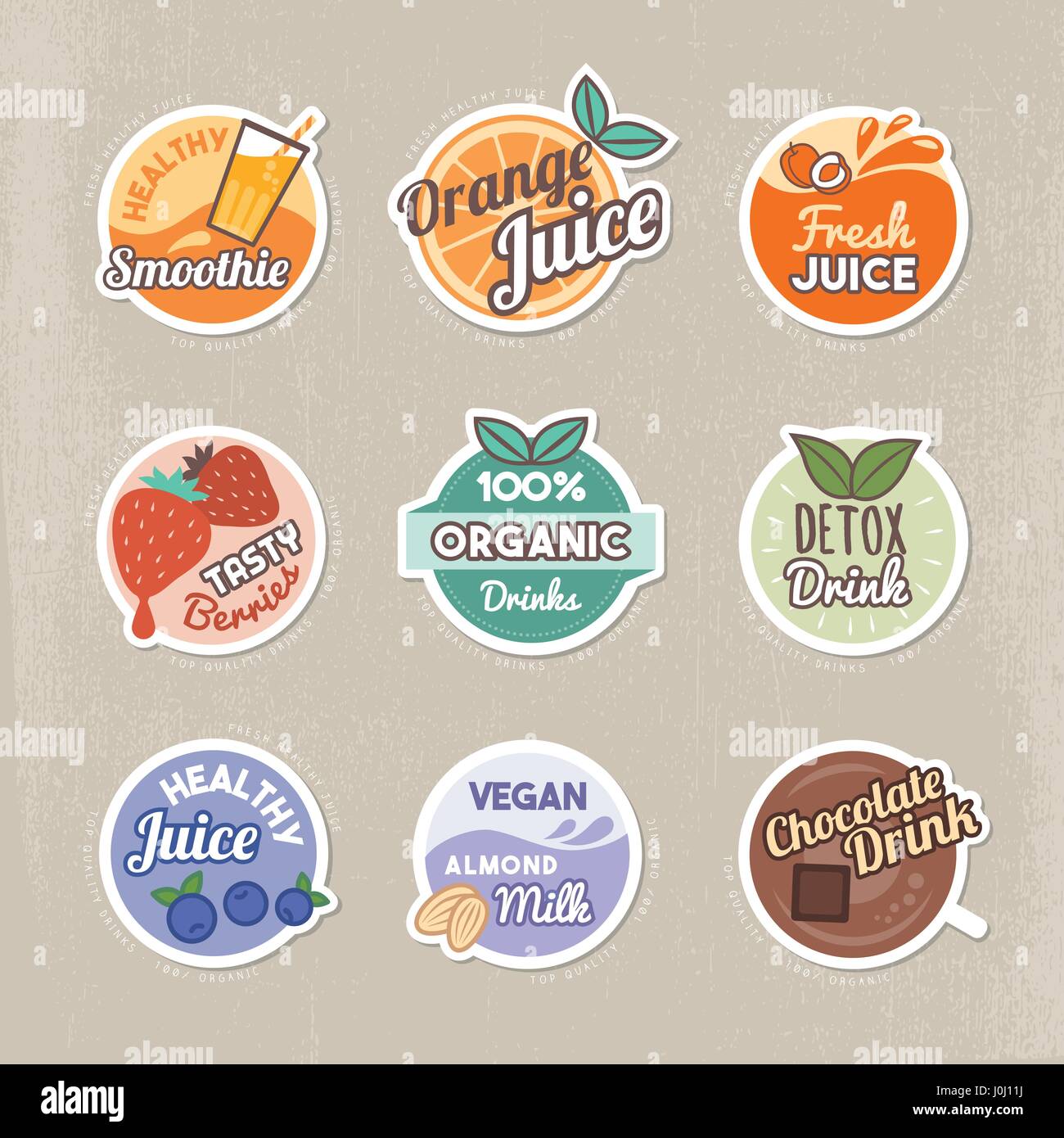 Healthy drinks, juice and smoothies vintage badges stickers collection Stock Vector
